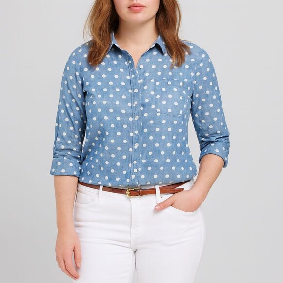Tommy Hilfiger Womens Shirt Chambray Polka Dot Roll-Tab Sleeve Button Up Size L - Picture 1 of 16